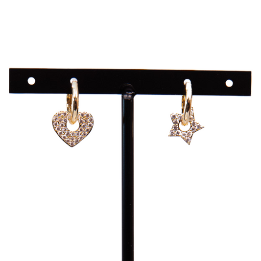 Empowered charm mixed heart and star crystal studded Charm gold small Hoops earrings