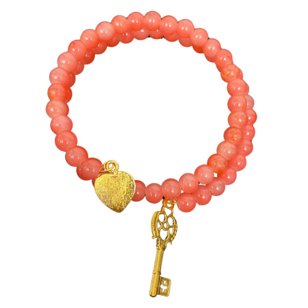Crimson Tide pink coral jade wire bracelet with charms