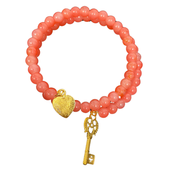 Crimson Tide pink coral jade wire bracelet with charms