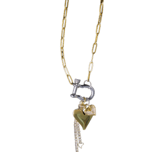Radiant heart gold and silver charms and gold paper clip chain necklace