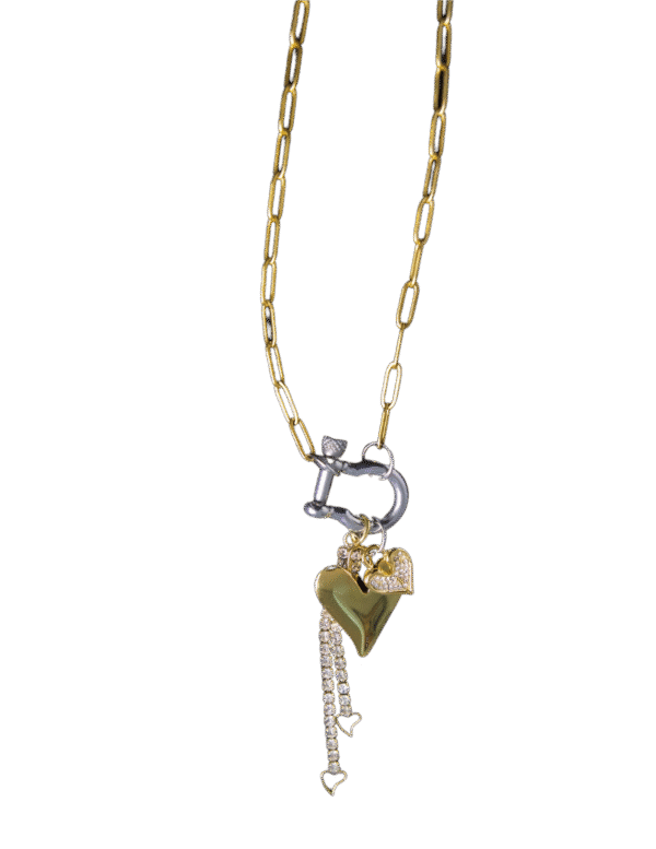 Radiant heart gold and silver charms and gold paper clip chain necklace