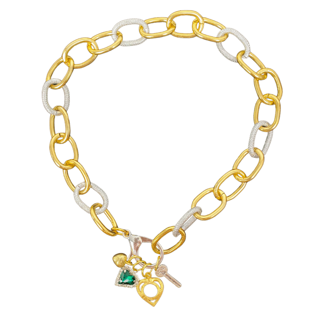 Key to my heart gold charms and gold and silver chunky chain necklace -green heart