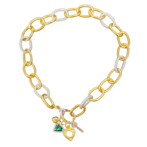 Key to my heart gold charms and gold and silver chunky chain necklace -green heart