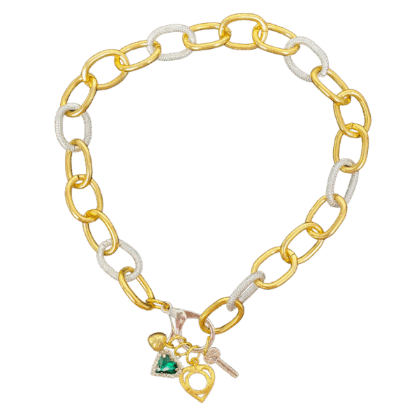 Key to my heart gold charms and gold and silver chunky chain necklace -green heart