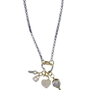 Love's Key gold charms and silver rolo chain necklace