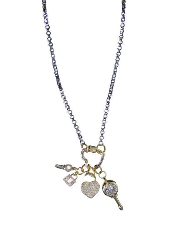 Love's Key gold charms and silver rolo chain necklace