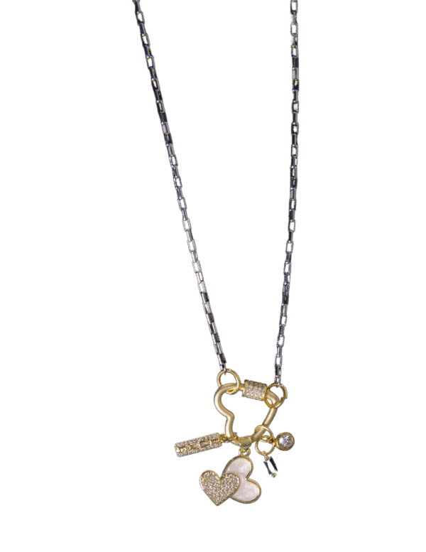 Timeless love gold charms and silver box clip chain necklace