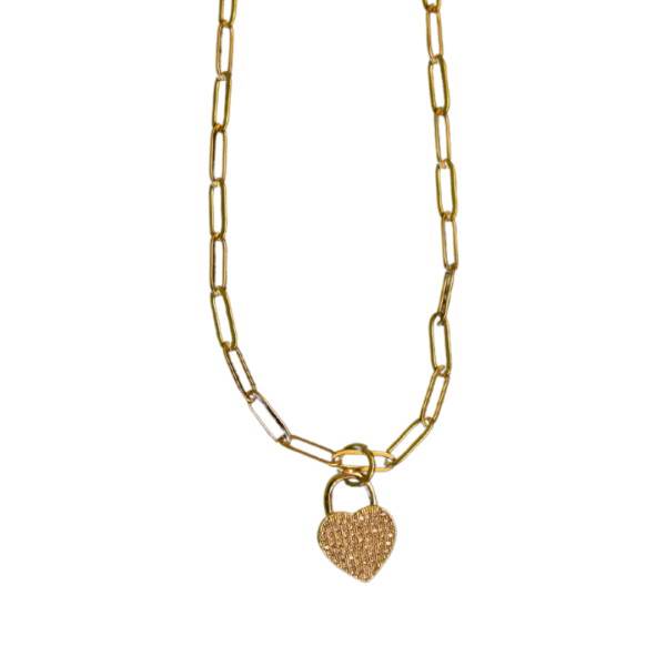 Enduring heart gold charm and gold paper clip chain necklace