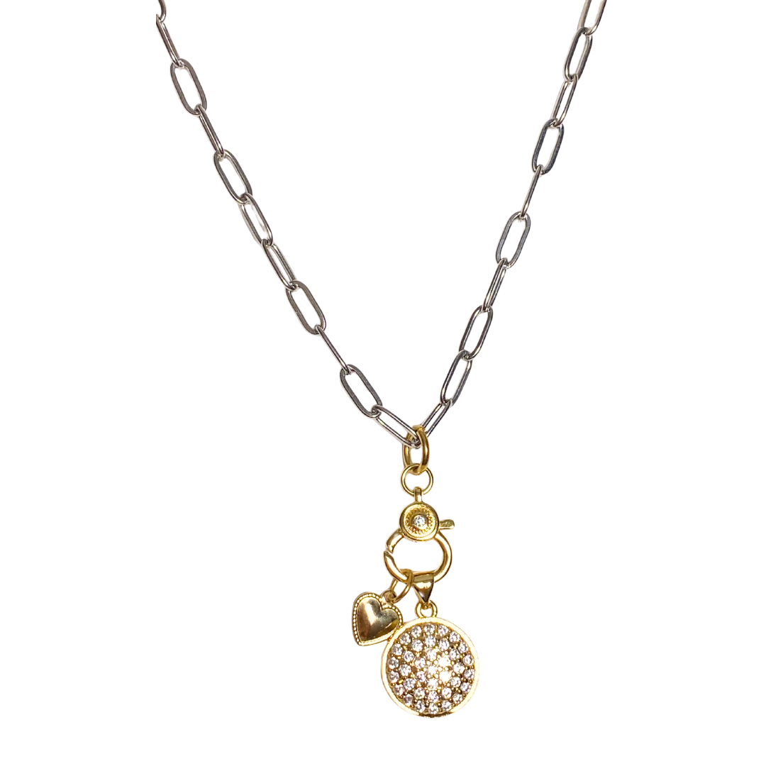 Endless Devotion gold charms and silver paper clip chain necklace