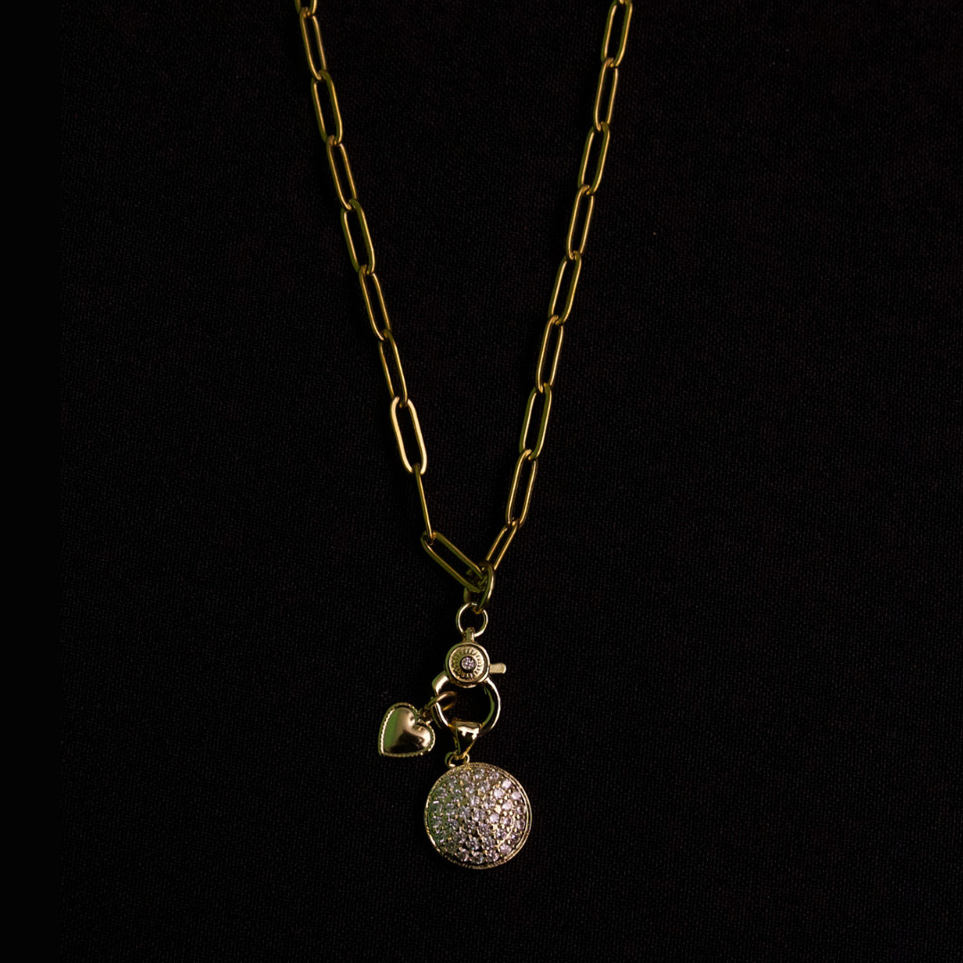 Endless Devotion gold charms and gold paper clip chain necklace