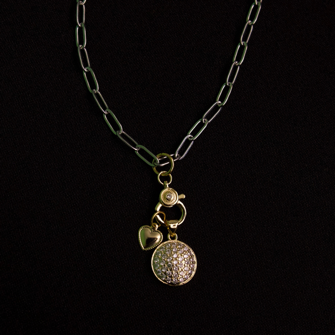 Endless Devotion gold charms and silver paper clip chain necklace