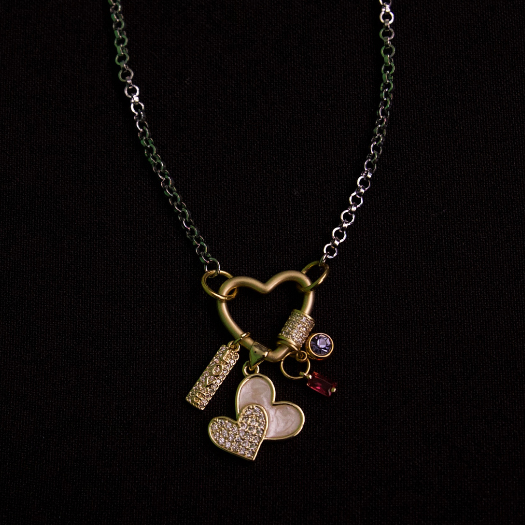 Timeless love gold charms and silver rolo chain necklace