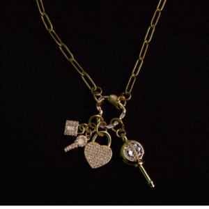 Love’s Key gold charms and gold paper clip chain necklace