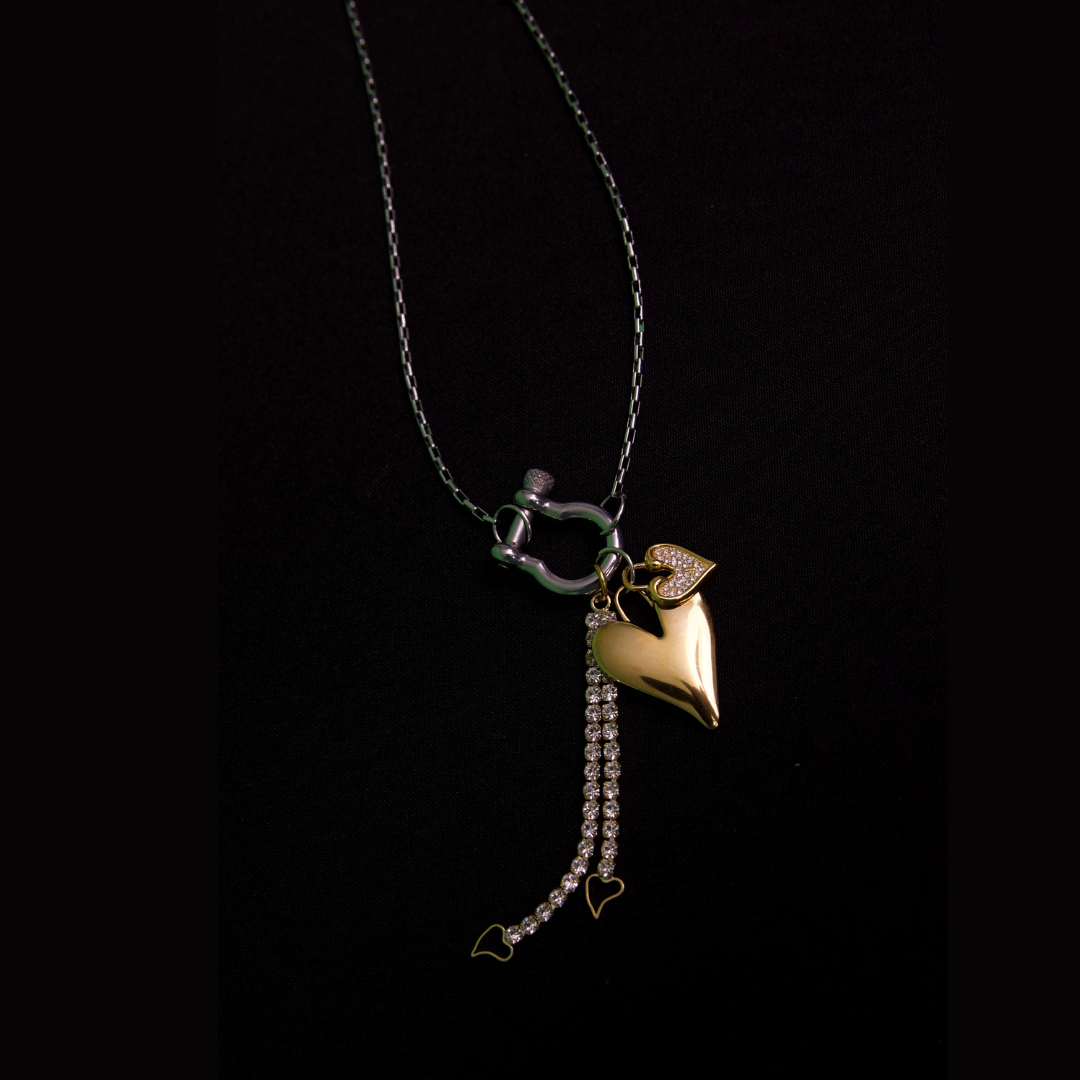 Radiant heart gold and silver charms and silver box clip chain necklace