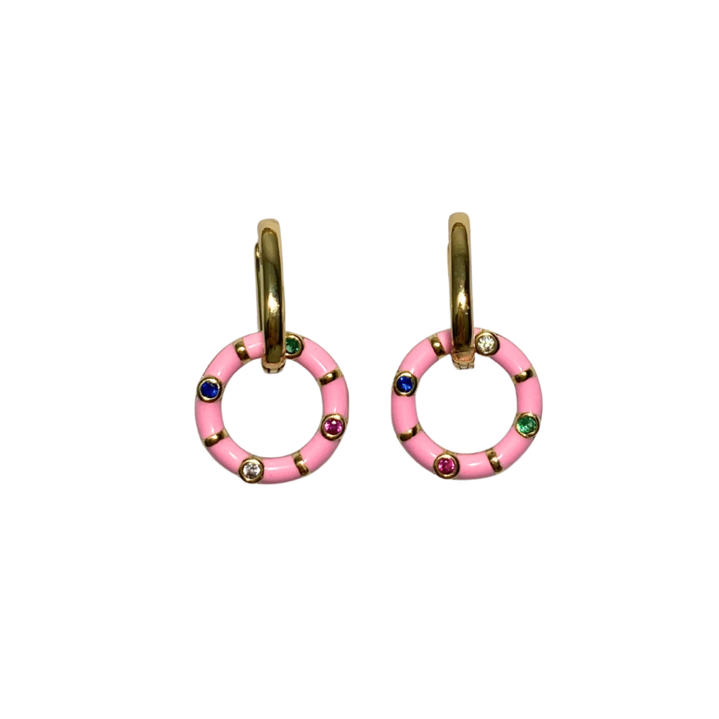 Pink Circle and multicolor crystals gold hoop earrings