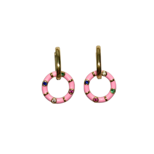 Pink Circle and multicolor crystals gold hoop earrings