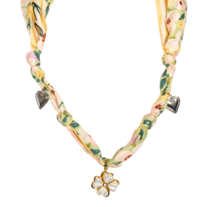 Blooming heart silk scarf necklace - pink and green floral print