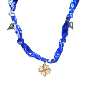 Blooming heart silk scarf necklace - blue and white floral print