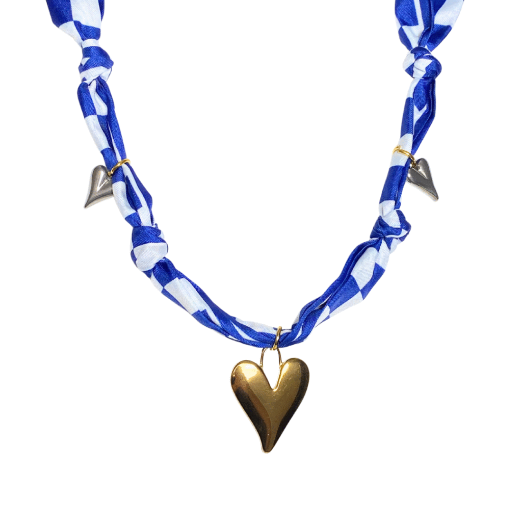 Pure devotion silk scarf necklace - blue and white checkers print