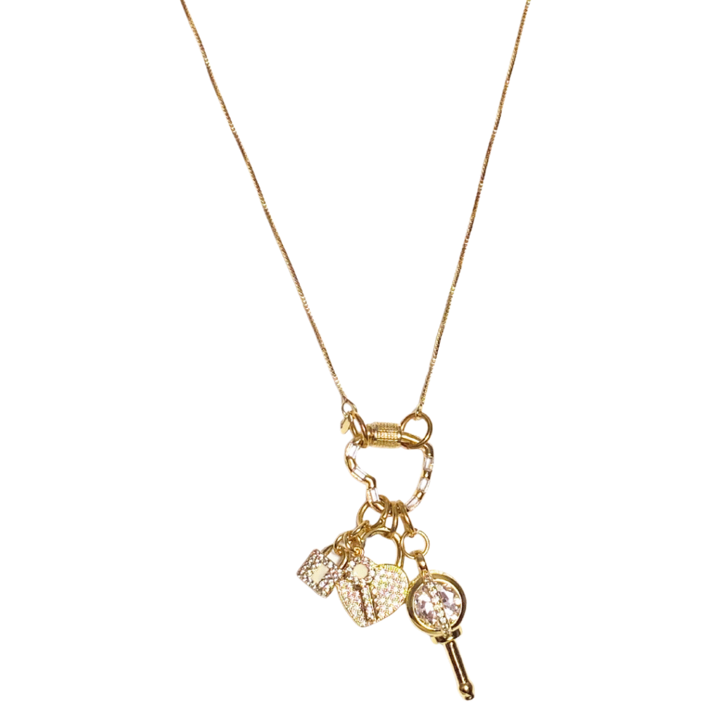 Love's Key gold charms and gold cable chain necklace