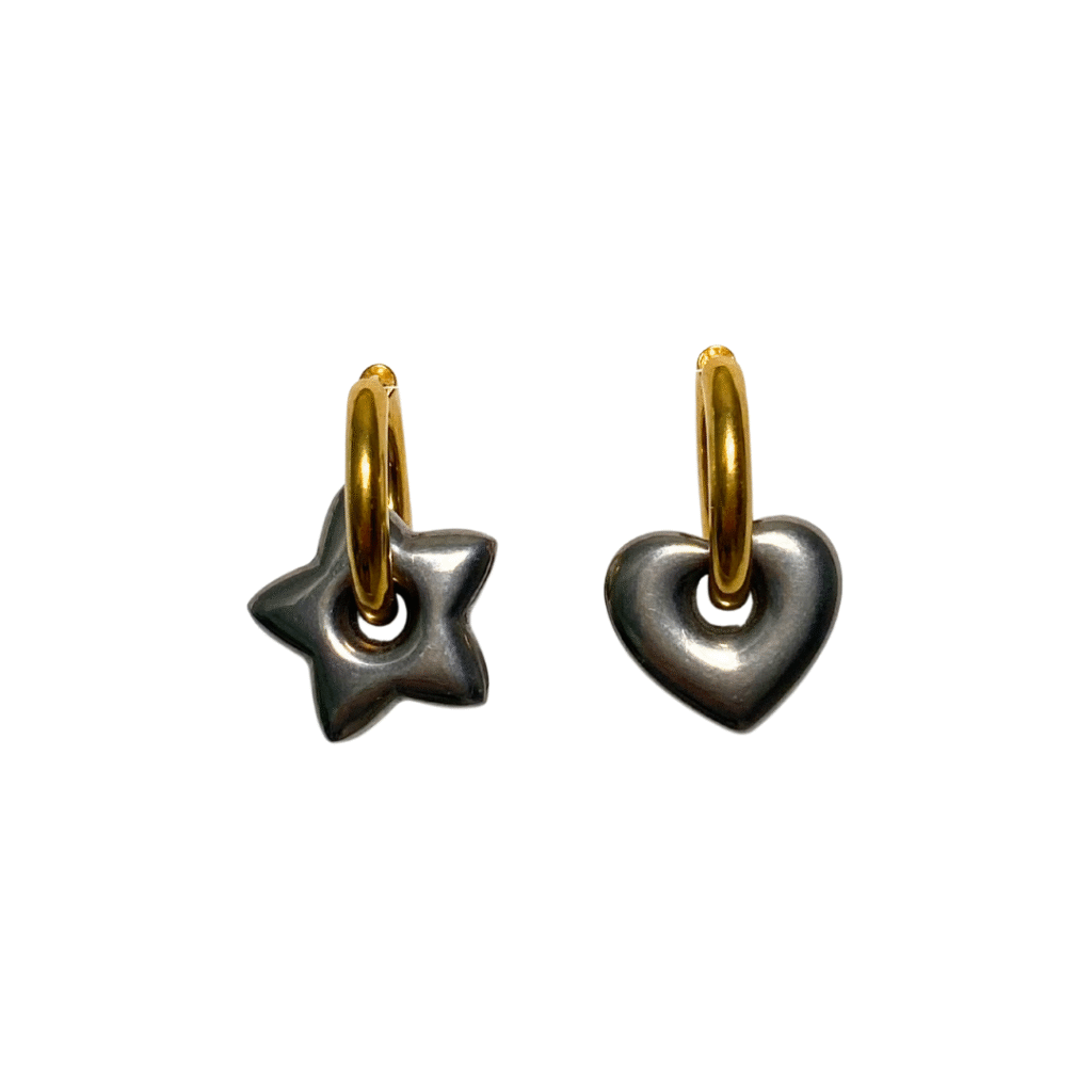 Silver mixed heart and star pendant gold hoop earrings