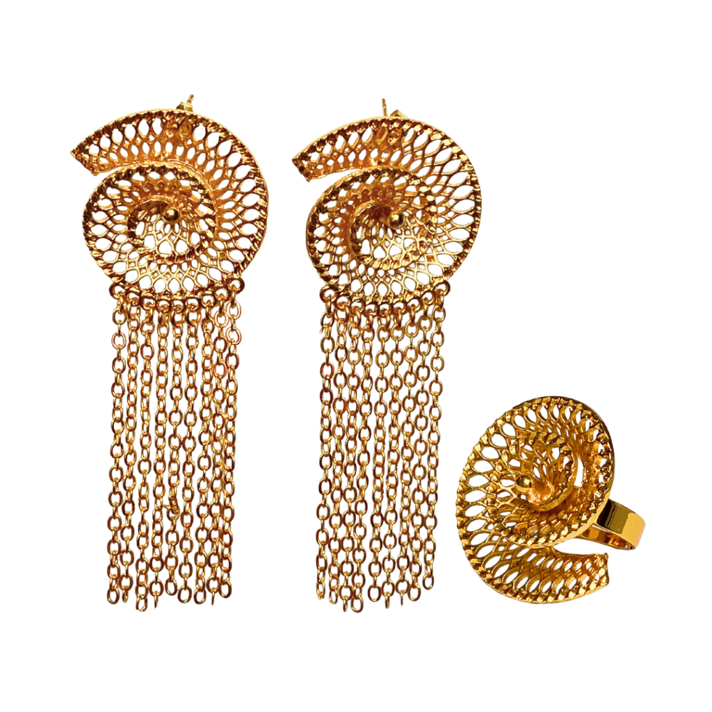 Gold Shell chain fringe earrings and ring set