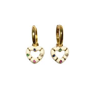 White Heart and multicolor crystals gold hoop earrings