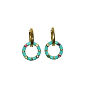 Turquoise Circle and multicolor crystals gold hoop earrings