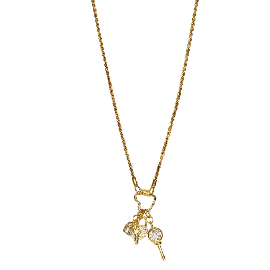 Love’s Key gold charms and gold rope chain necklace