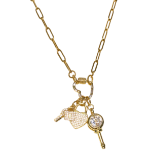 Love’s Key gold charms and gold paper clip chain necklace