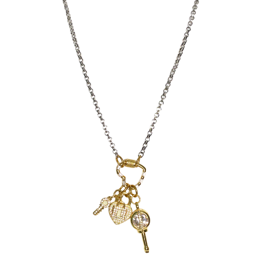 Love’s Key gold charms and silver rolo chain necklace