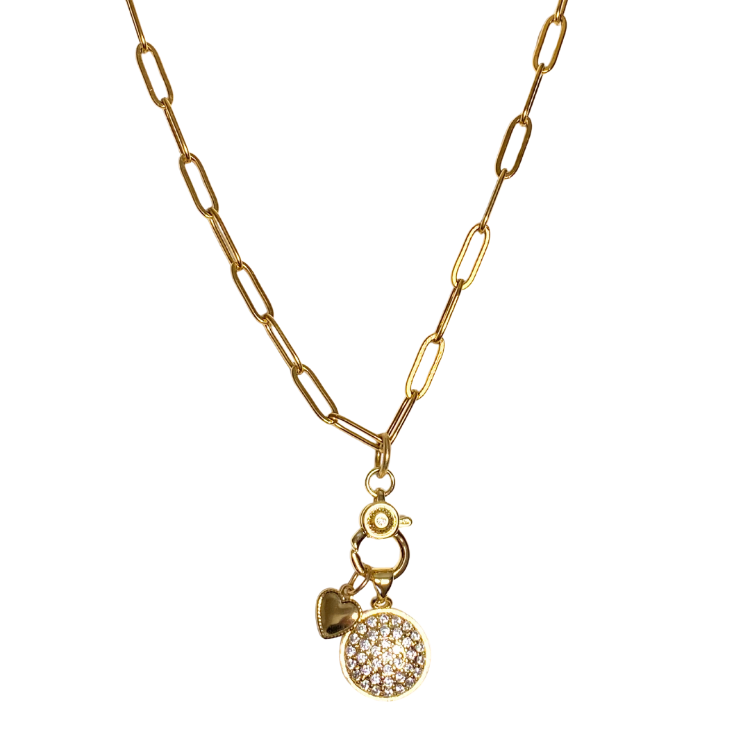 Endless Devotion gold charms and gold paper clip chain necklace