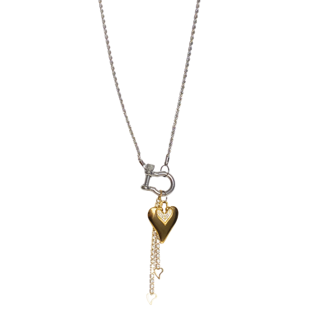 Radiant heart gold and silver charms and silver rope chain necklace
