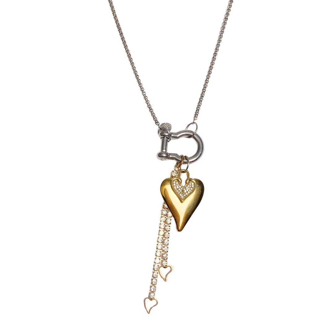 Radiant heart gold and silver charms and silver box chain necklace