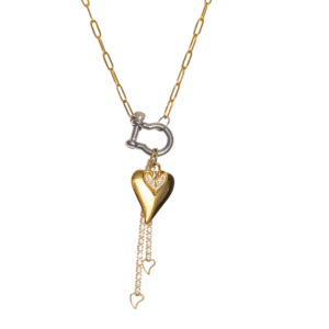 Radiant heart gold and silver charms and gold paper clip chain necklace