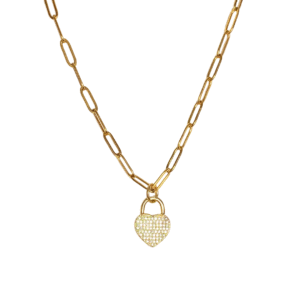 Enduring heart gold charm and gold paper clip chain necklace