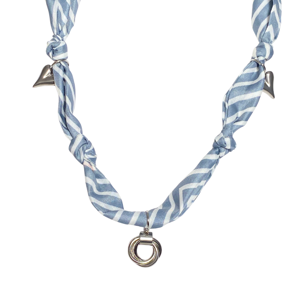 Bound Together silk scarf necklace - grayish blue and white stripes print
