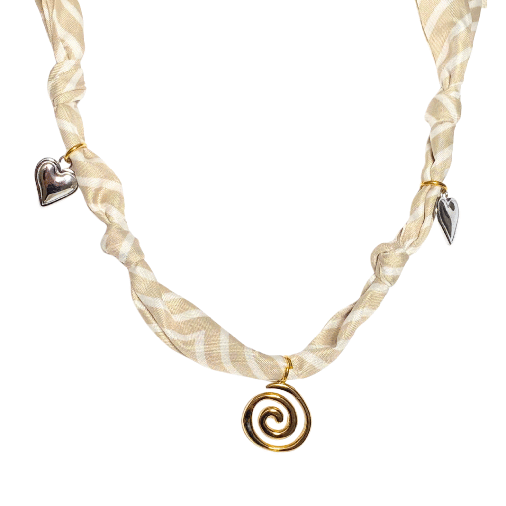 Eternal Whirl silk scarf necklace - cream and white stripes print