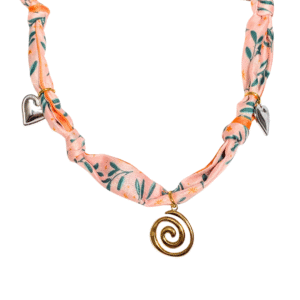 Eternal Whirl silk scarf necklace - peach and orange leaf print