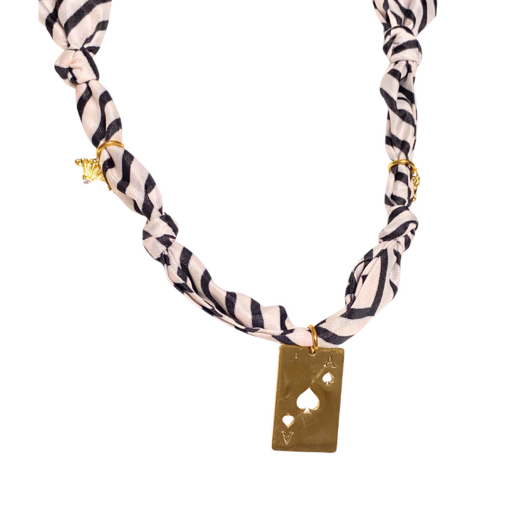 Fateful Love silk scarf necklace - white and black stripes print