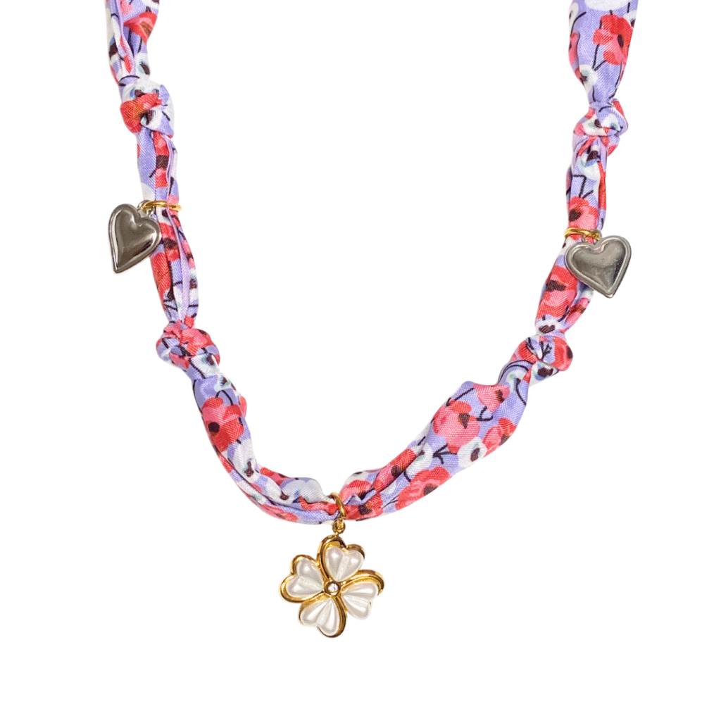 Blooming heart silk scarf necklace - pink and lilac floral print