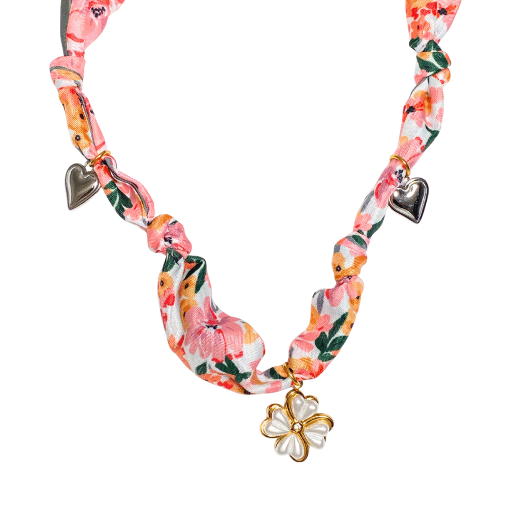 Blooming heart silk scarf necklace - pink and orange floral print