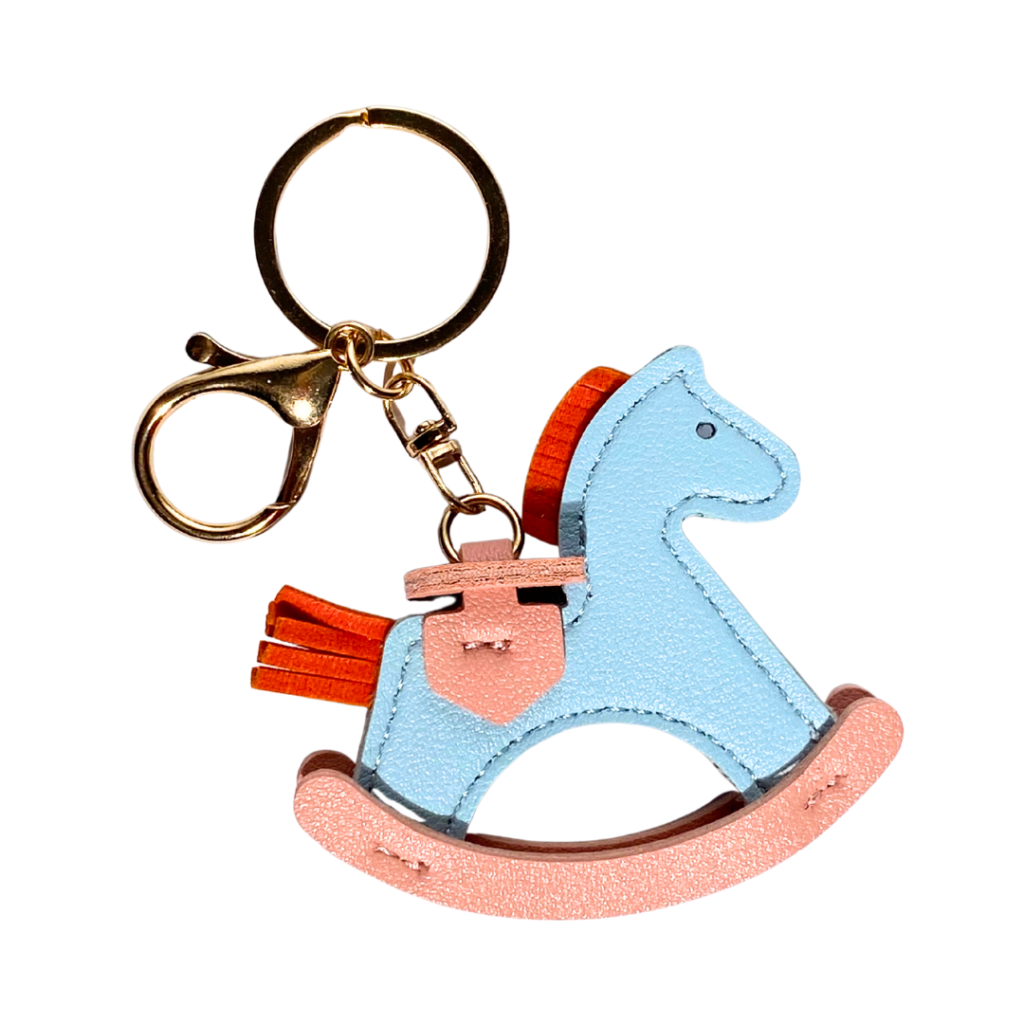 Rocking horse bag charm - light blue, pink and red