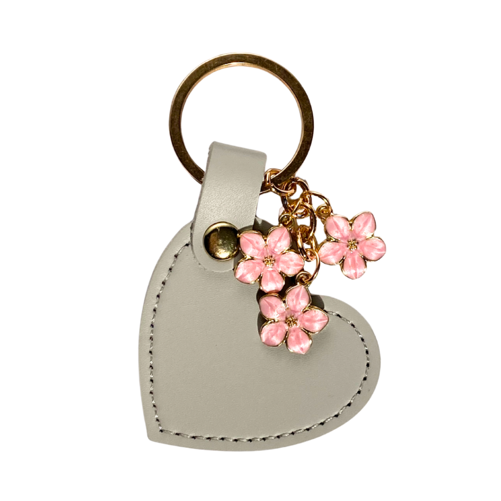 Grey heart and pink flowers key chain