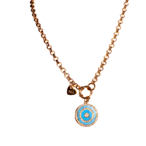 Orbit turquoise and crystals pendant with gold chain necklace