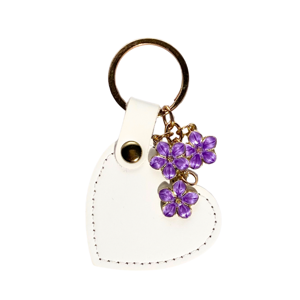 White heart and purple flowers key chain