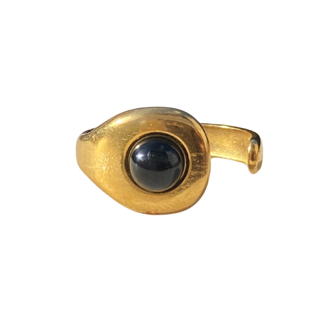 gold black obsidian cabochon open ring