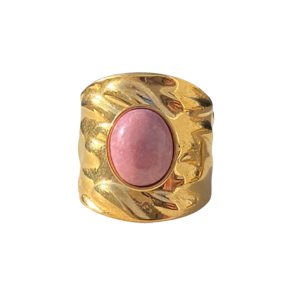 gold Rhodochrosite pink cabochon ring